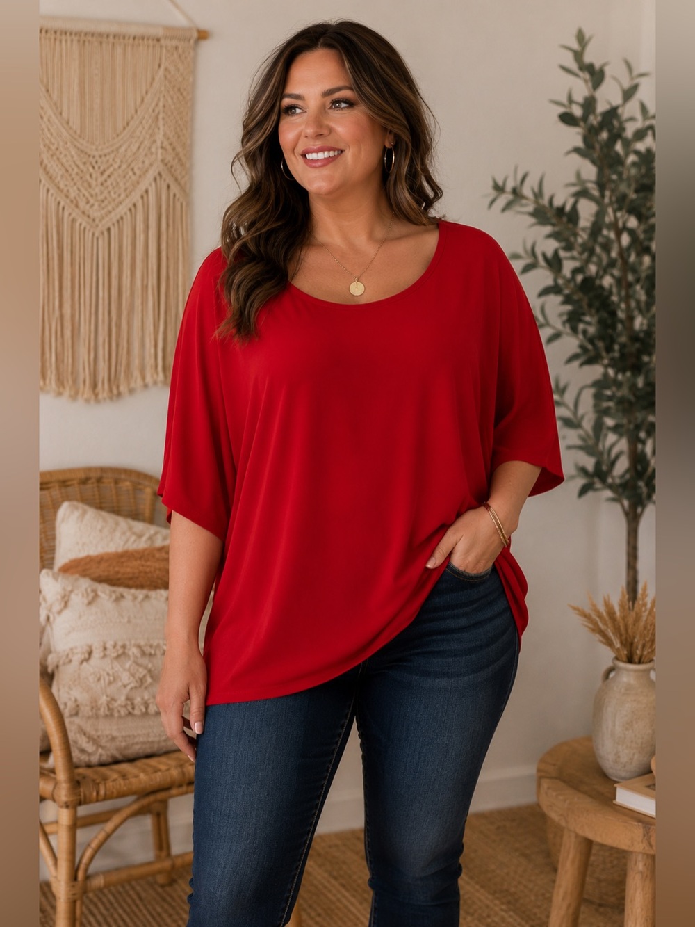 Bobeau Women's Size 1X Red Dolman 1/2 Sleeve Oversized Tunic Crepe Top